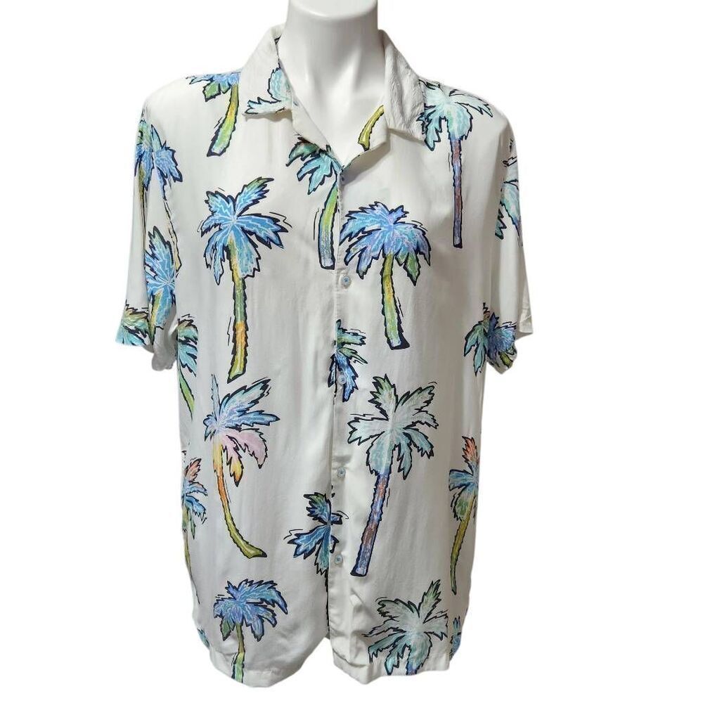 Denim & Flower Ricky Singh men's palm tree print shirt white colorful Size Large